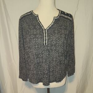 Lucky Brand Boho Blouse 1X Black White Embroidered V Neck Long Sleeve Tunic Top